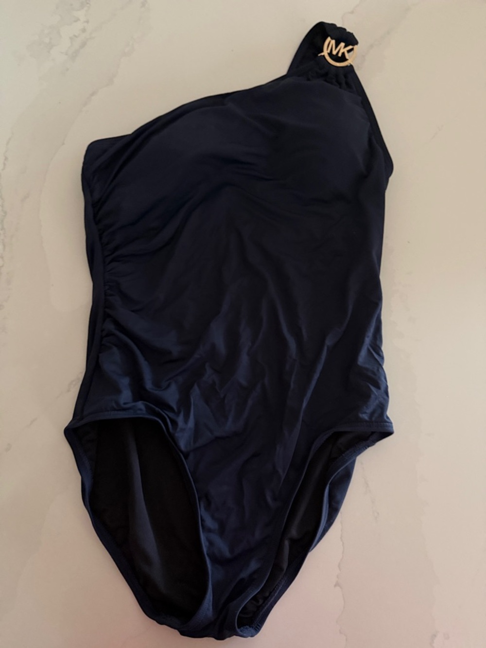 Michael Kors Navy One-Shoulder One-Piece Swimsuit with Gold MK Accent